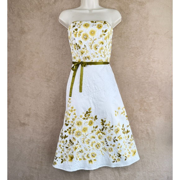 Moda International Dress Women 4 White Green Floral Empire Strapless Midi Spring - Picture 2 of 16